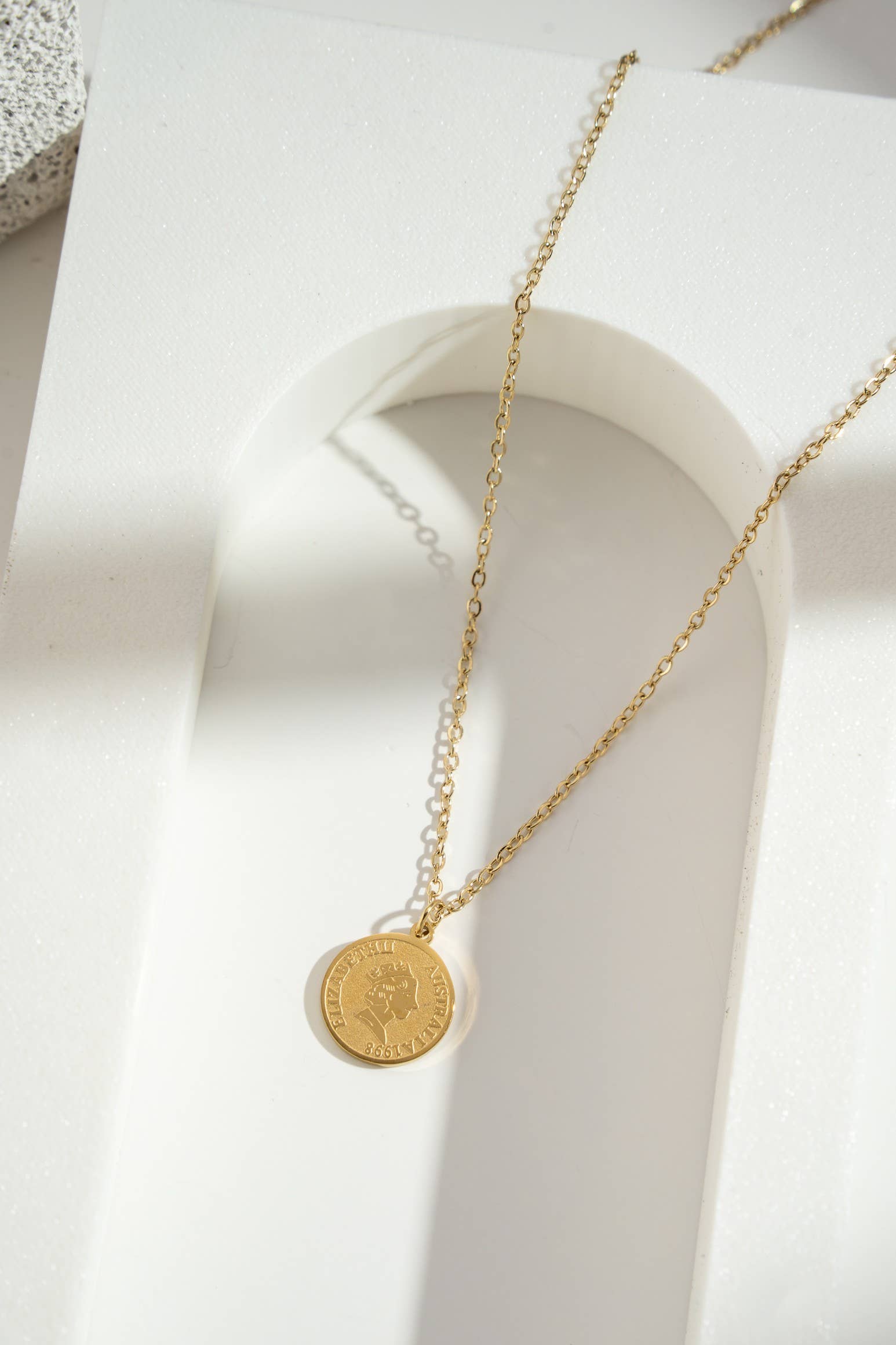 COSMOS - Wholesale Pendant/Charm Necklace - Gold stainless steel necklace with coin-shaped pendant