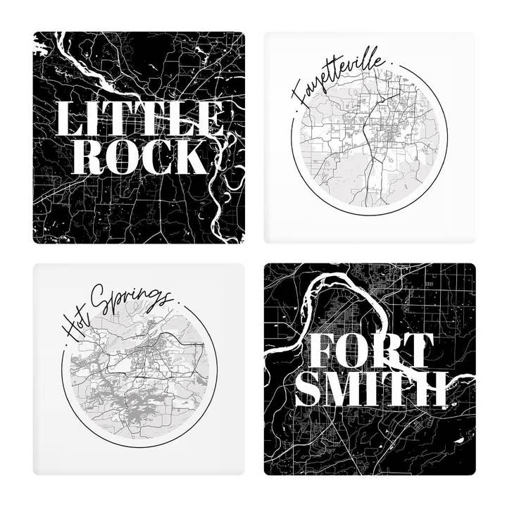 B&W Minimalist Arkansas Maps | Absorbent Coasters | Set of 4 | Min 2 for wholesale by Love Local