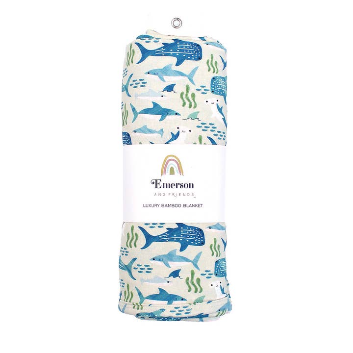 Shark Friends Ocean Animals Bamboo Baby Swaddle Blanket for wholesale by Emerson and Friends