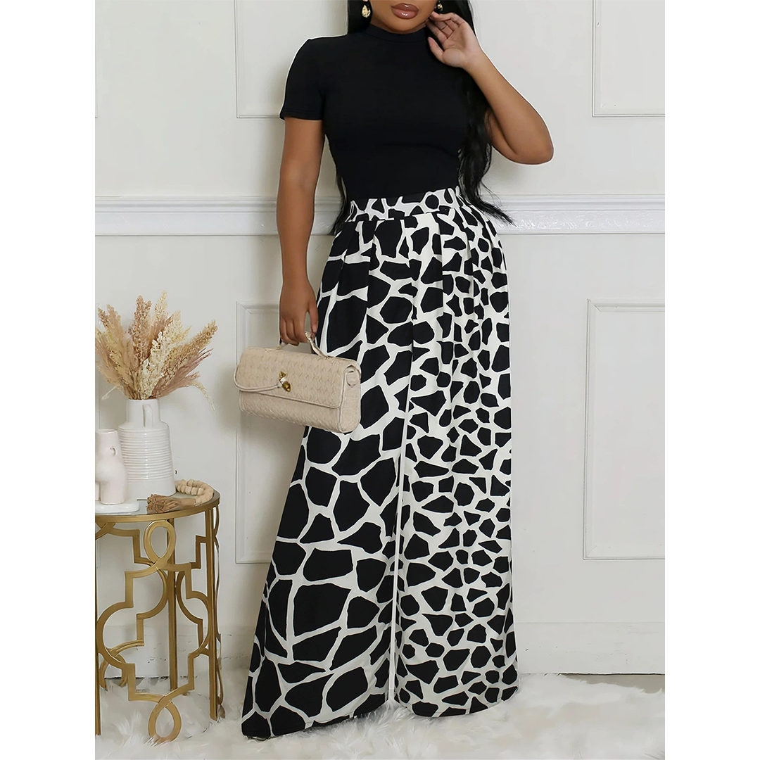 Black Crew Neck Short Sleeve Top High Waist Long Pants Set ZK3256 for wholesale on Faire1