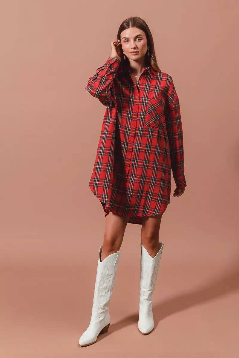 RED MULTI SO ME Christmas Checker Plaid Button Up Shirt Dress for wholesale on Faire10