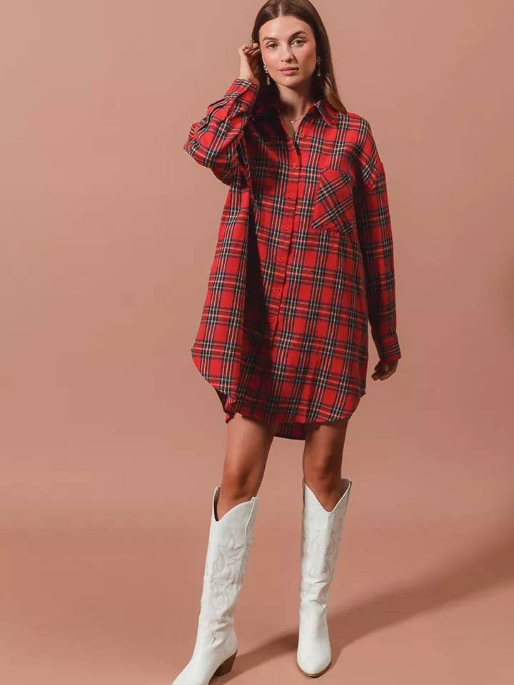 RED MULTI SO ME Christmas Checker Plaid Button Up Shirt Dress for wholesale on Faire10