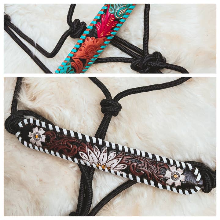 The Sterling Gypsy - Wholesale Horseback Riding Gear - Hand Tooled Leather Adjustable Rope or Shipping Halter Horse Tack Red & Turquoise or White Daisy Pattern