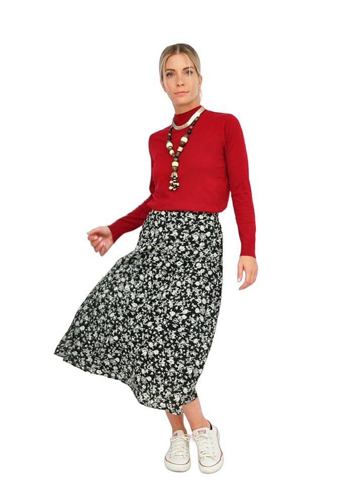 Jupe midi fleurie noire et blanche pour la vente par Kalimera Clothing Athens