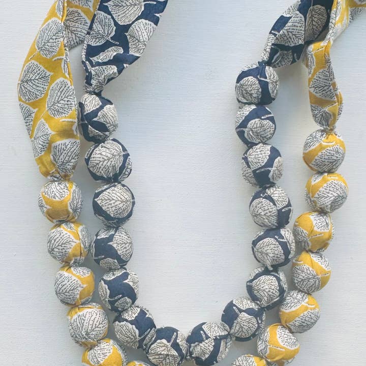 Fabric Beaded Necklace Navy or Mustard Leaf for wholesale by Jewells