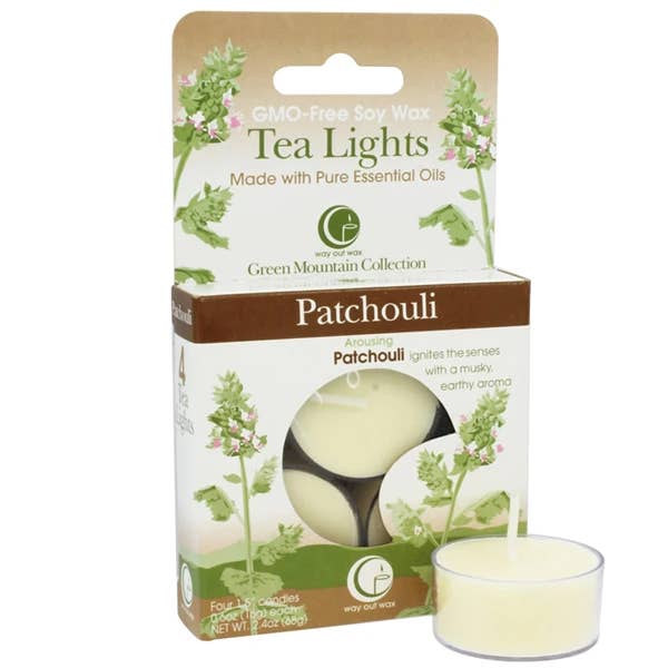 Patchouli Tealight Box 4pk for wholesale by Way Out Wax