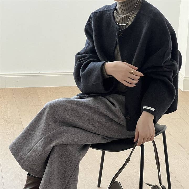 FurDecoration – wholesale Coat – Women’s – Solid Color Short Round Neck Reversible Wool Coat8