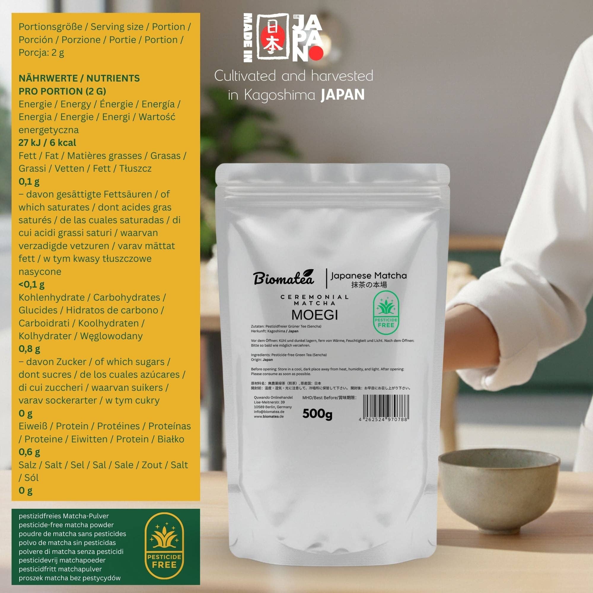 Biomatea - Wholesale Health/Detox Tea - 500g stock pack ceremonial matcha powder from Kagoshima Japan, pesticide-free matcha tea1