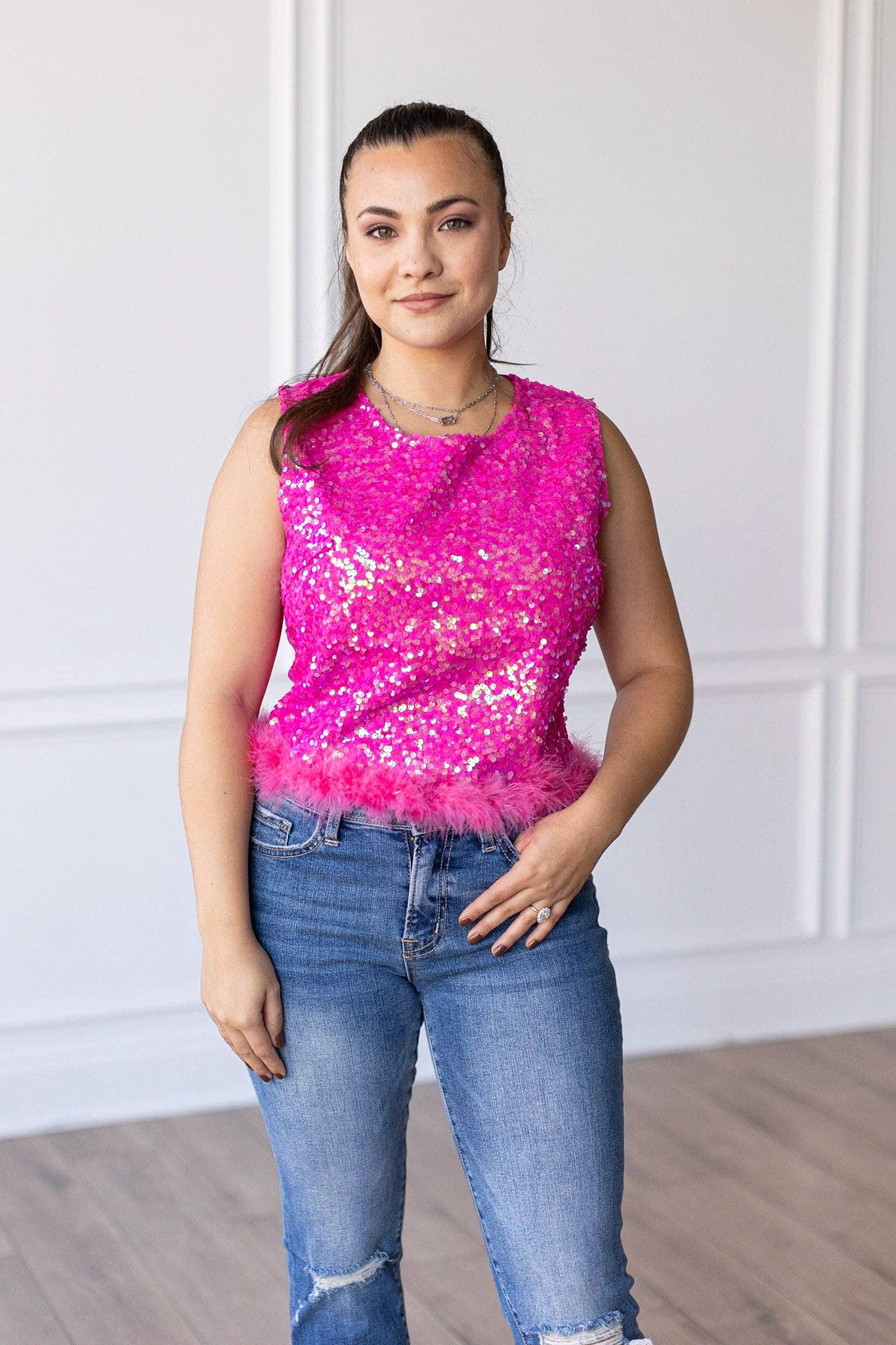 Feather or Not Sequin Crop with Feather Trim, Hot Pink for wholesale on Faire