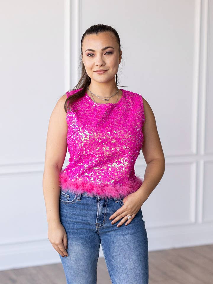 Feather or Not Sequin Crop with Feather Trim, Hot Pink for wholesale on Faire0