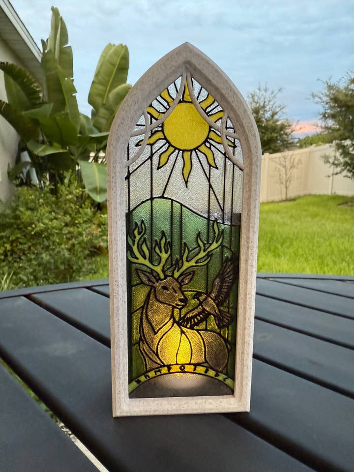 Gothic Window Tealight Book Nook | Stag and Hawk | Bookshelf Decor for wholesale by Create Fantasy Crafts