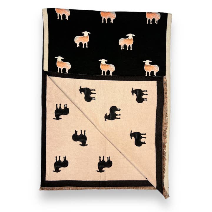 London Scarves - Wholesale Scarf - Women's - Sheep print on cashmere blend scarf finished with fringes