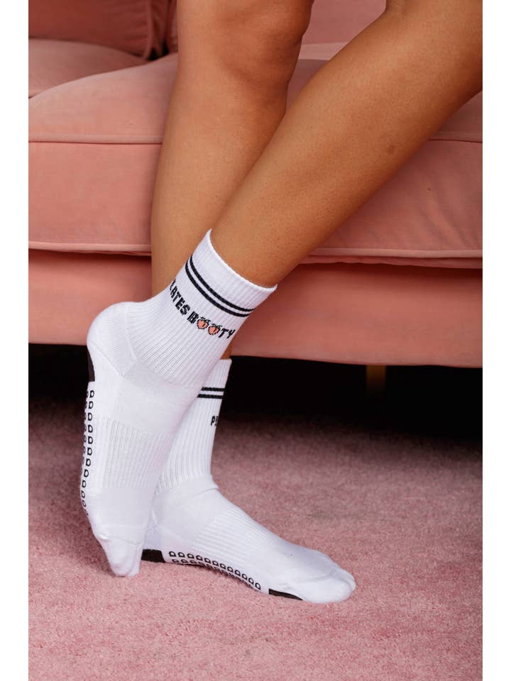 White Pilates Booty Crew Grip Sock for wholesale on Faire