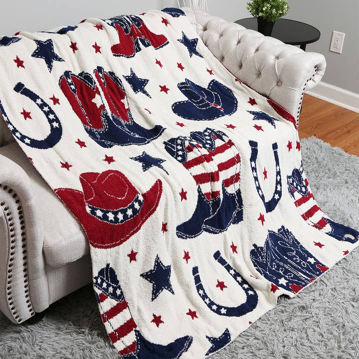 Couverture réversible à motif étoile fer à cheval chapeau bottes de cow-boy de l'Ouest américain. pour la vente par Sensibling Corp.