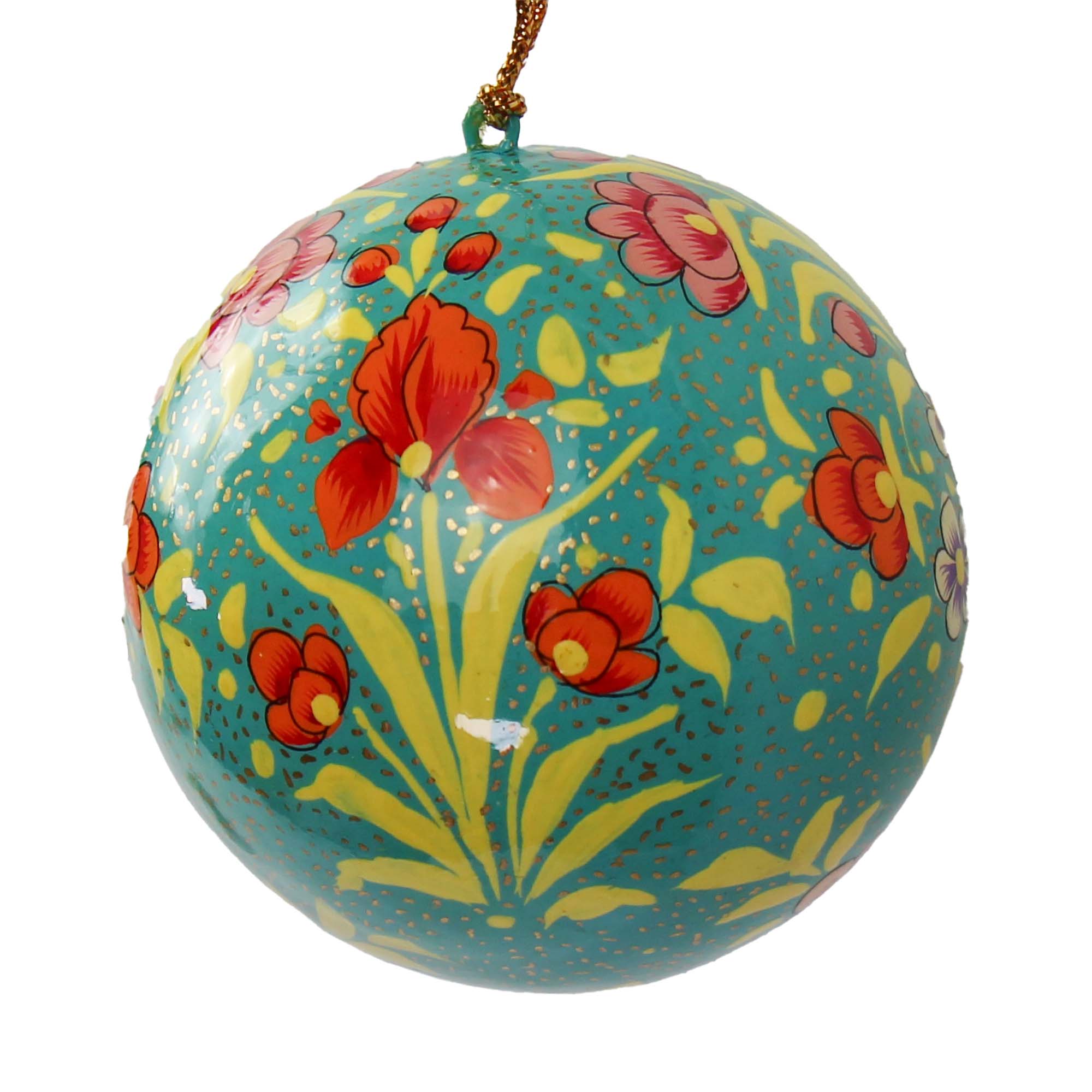 Global Crafts - Wholesale Ornament - Handpainted Ornament Teal with Peony Flowers0