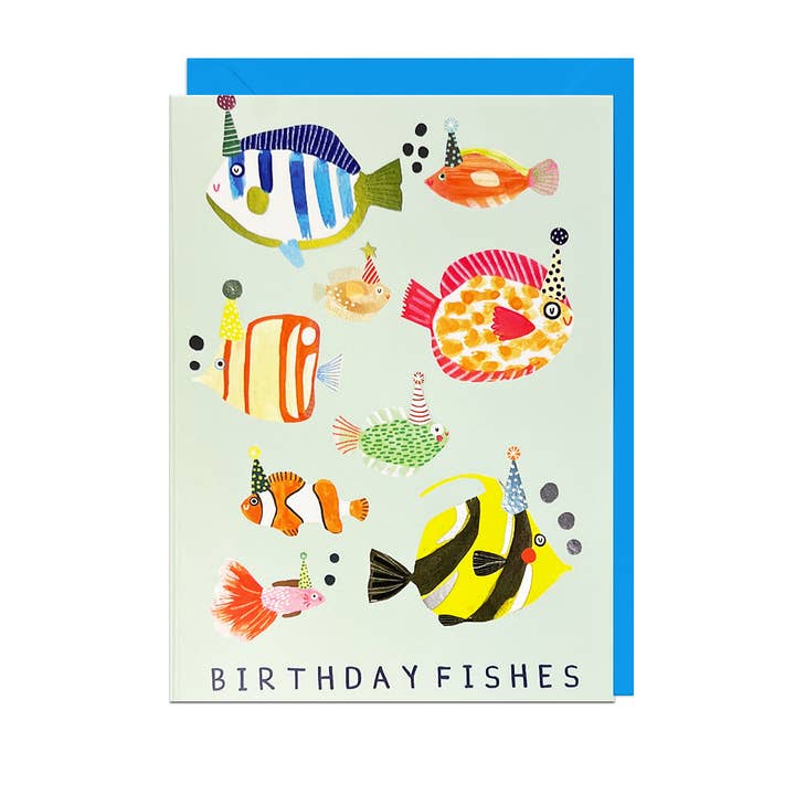 Carte d'anniversaire poissons avec finition foil et enveloppe bleue pour la vente par Jolly Awesome