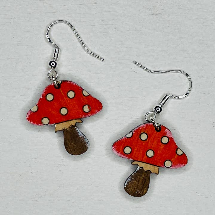 Mushroom Handcrafted Wood Earrings for wholesale by Reclaimed Woodworks Home Decor