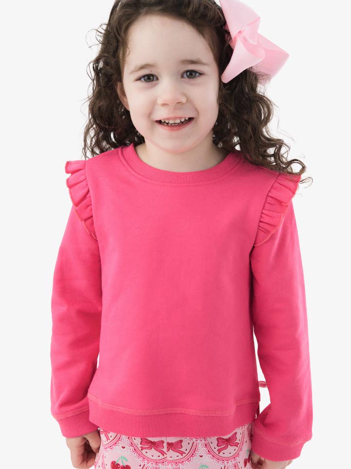 Camisola de Malha Rosa-Choque com Folhos para Meninas por atacado de RuffleButts + RuggedButts
