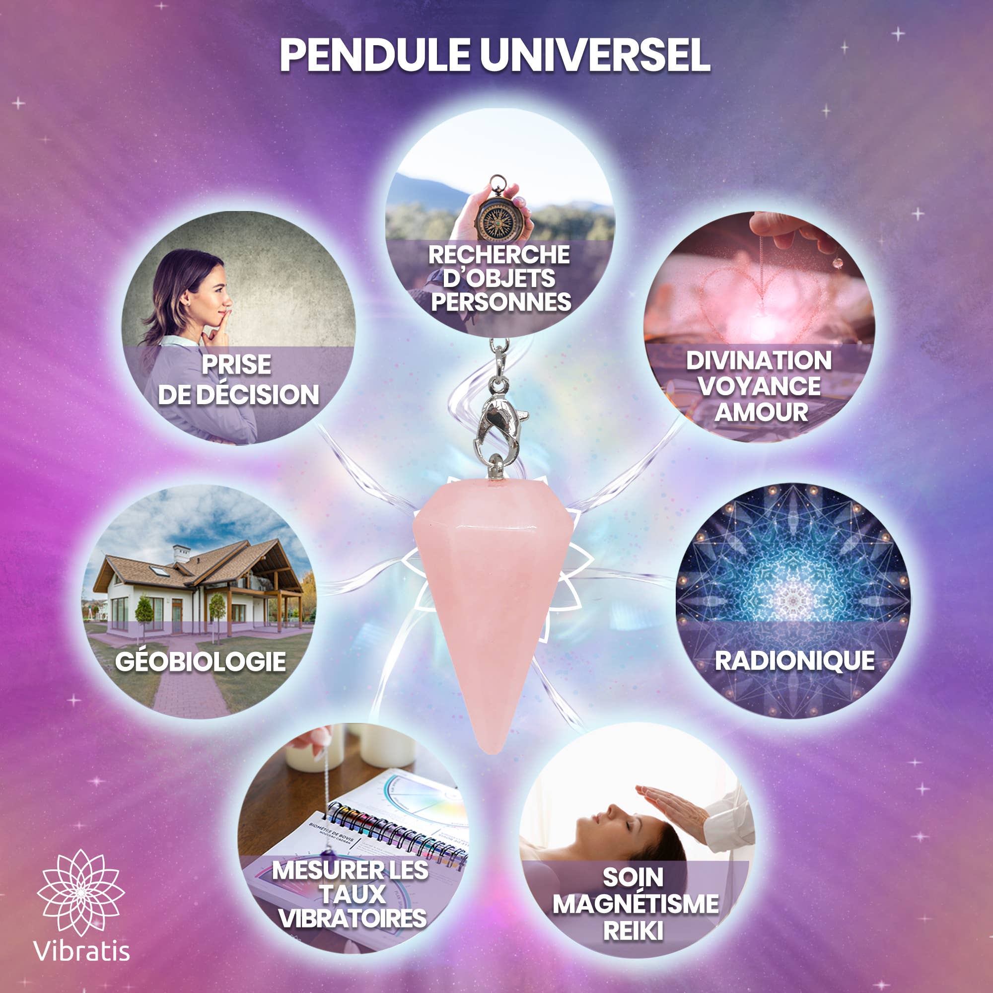 Vibratis - Vente Accessoire de méditation - Pendule divinatoire de radiesthésie - Cône quartz rose5