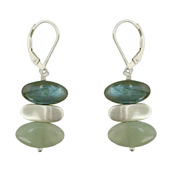 Labradorite & Aqua w. Nuggets Earrings in Silver or Vermeil for wholesale by Philippa Roberts