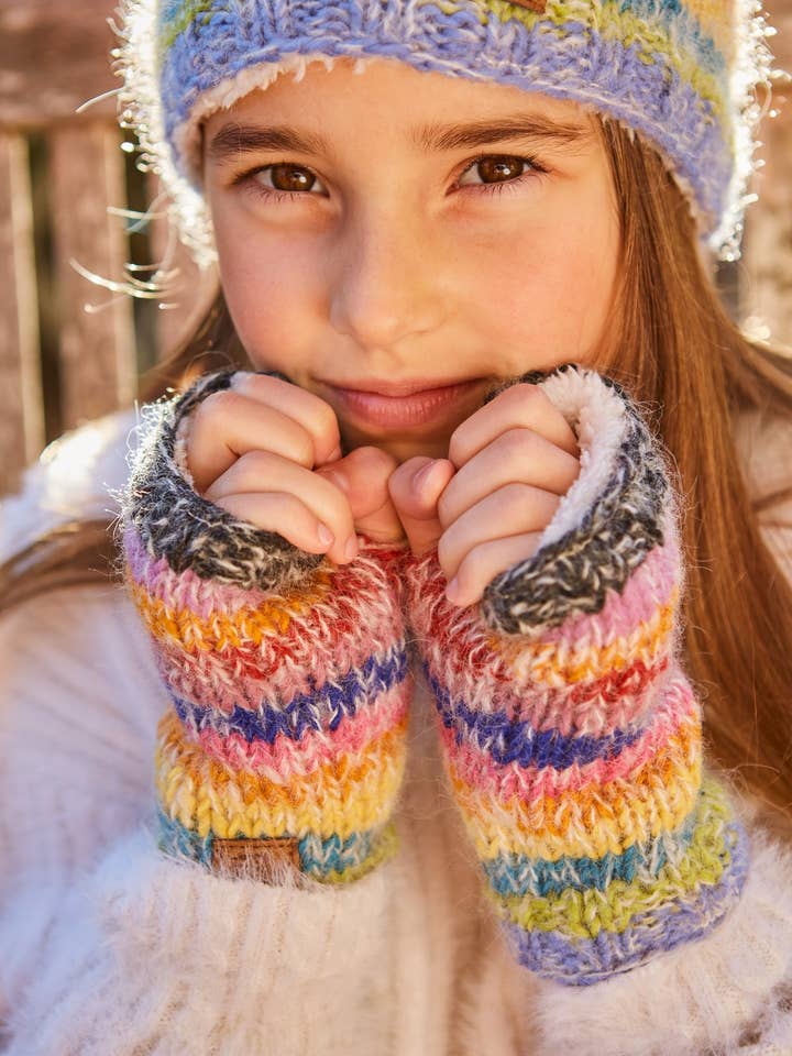 Kids Bright Stripes Soft Mohair Wool Fingerless Gloves for wholesale by Pachamama Ltd
