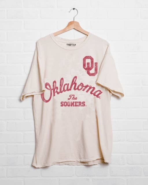 LivyLu - Wholesale Screen Printed T-Shirt - Unisex - OU Oklahoma Sooners Quality Off White Thrifted Tee0