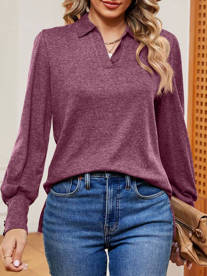 basic soft cozy brushed fleece long sleeve polo for wholesale by HIDDENBRAND