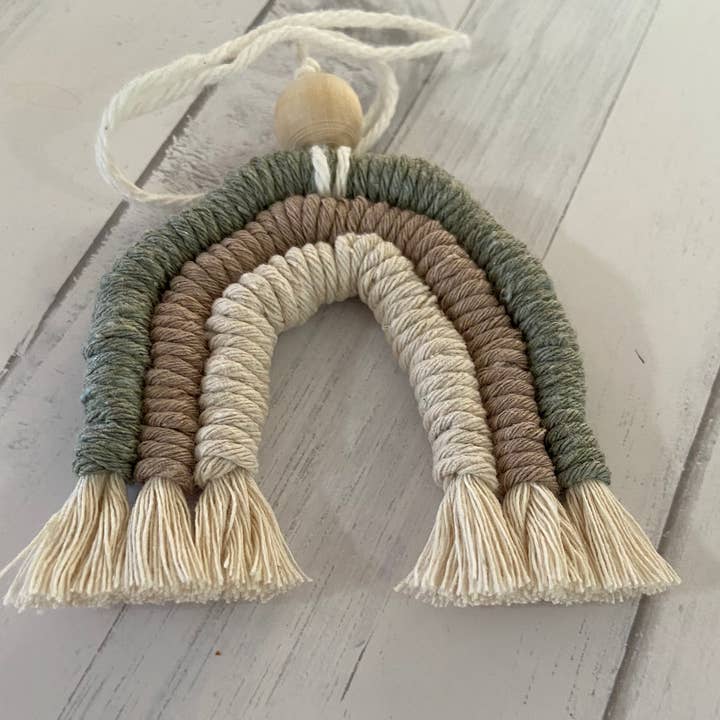 Macrame Rainbow Car Diffuser - Sage for wholesale by Chickadee Creations