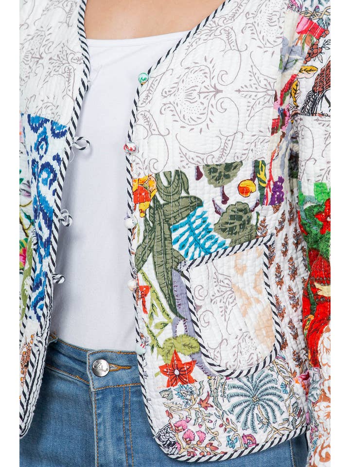 LA Soul - Wholesale Jacket - Women's - Floral Print Quilted Patch Cotton Jacket - White2