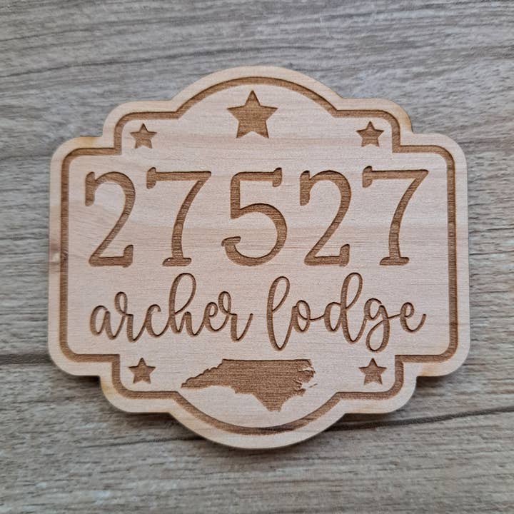 CUSTOM USA State Town Zip Code Wood Magnet for wholesale by Giftable Memories