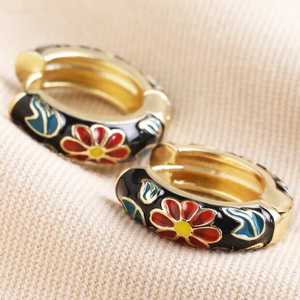 Lisa Angel - Wholesale Hoop Earrings - Black Cloisonné Hoop Earrings in Gold1