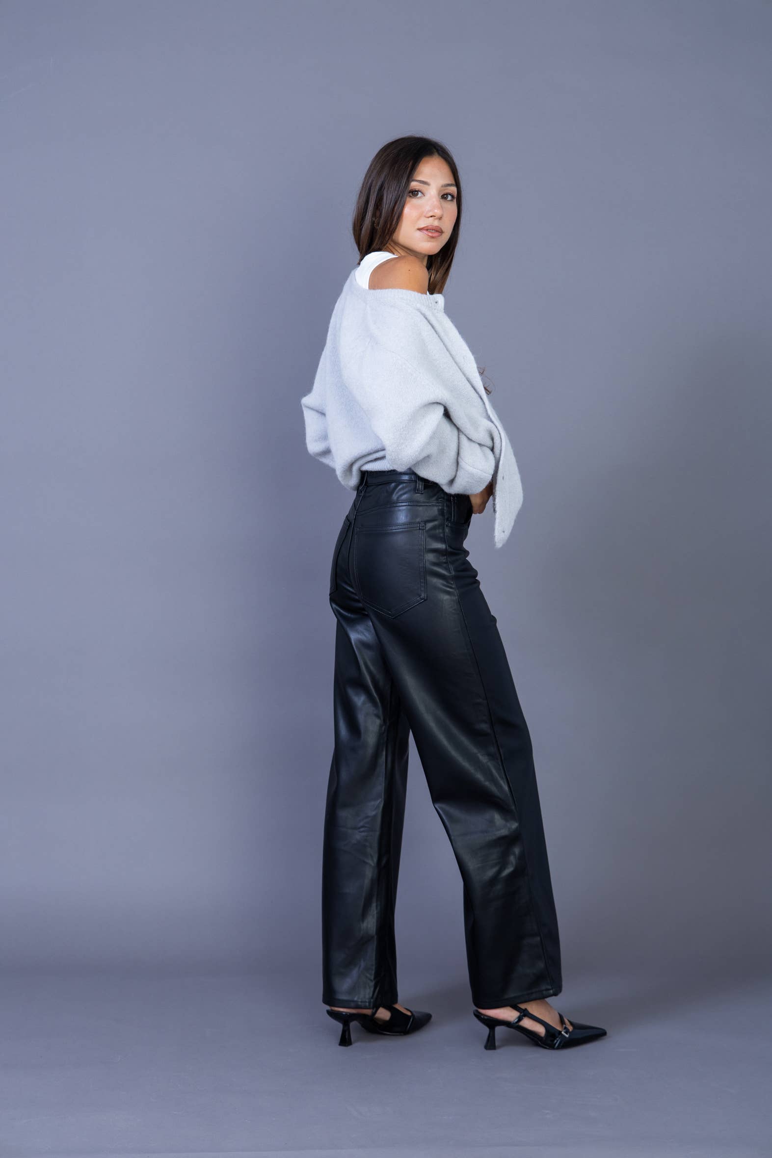 Black Women's wide leg faux leather pants - ANA & LUCY for wholesale on Faire3