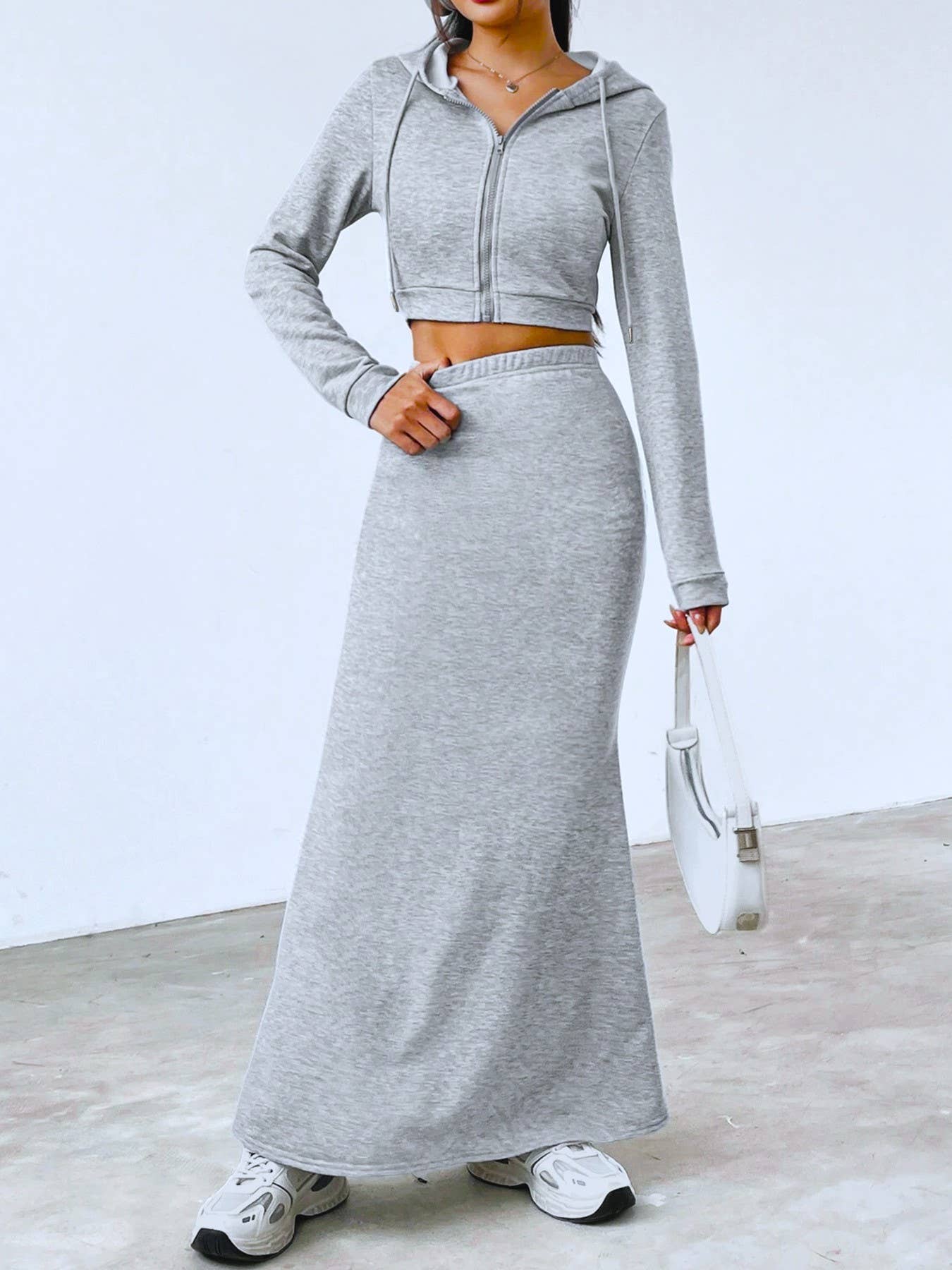 Grey Stylish Hooded Sweatshirt With Hip Maxi Skirt Two-Piece Set for wholesale on Faire5