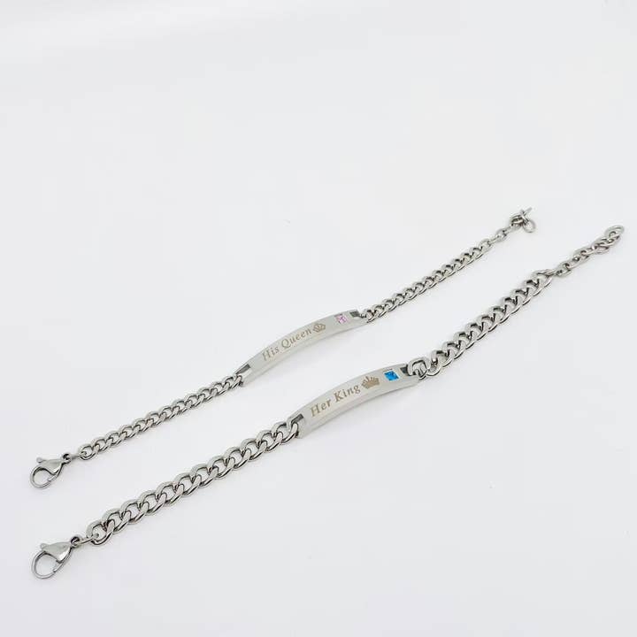 Mio Queena – wholesale Charm/dangle bracelet – "His Queen" "Her King" Stainless Steel Charm Couple Bracelet