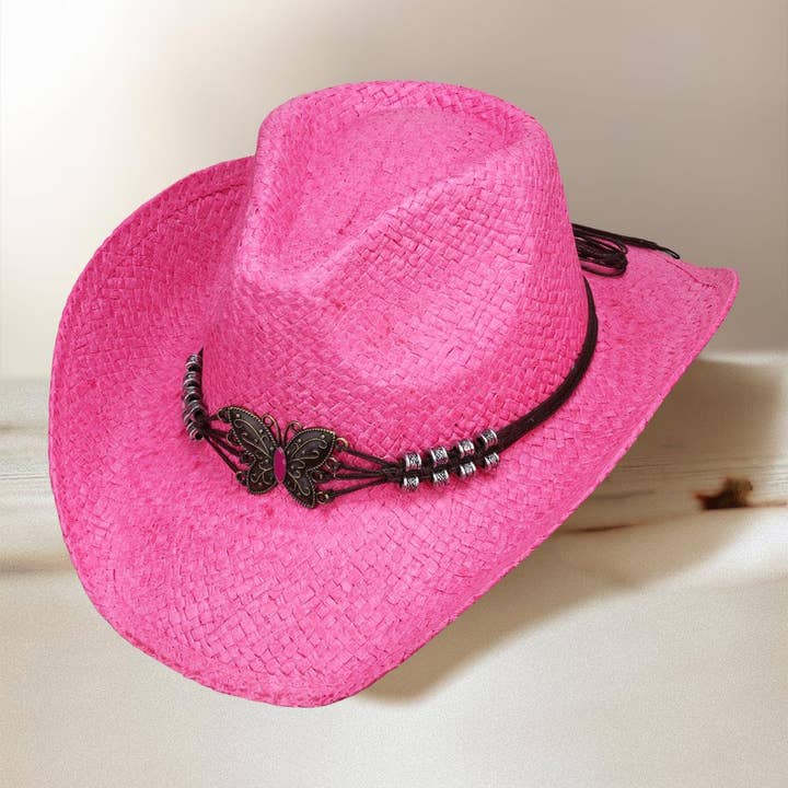 Sensibling Corp. - Wholesale Cowboy Hat - Women's - Western Butterfly Faux Leather Band Straw Cowboy Fedora Hat
