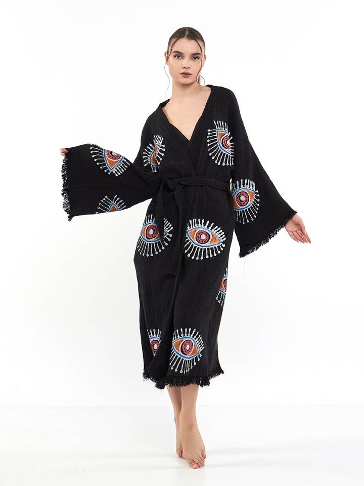 Turkish Evil Eye Print Robe, Black Festival Kimono for wholesale by Yaz Concepts