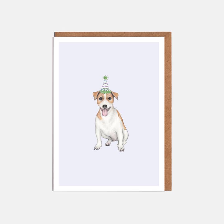 Carte pour chien Jack Russell & Party Hat, vierge ou anniversaire pour la vente par Lottie Murphy