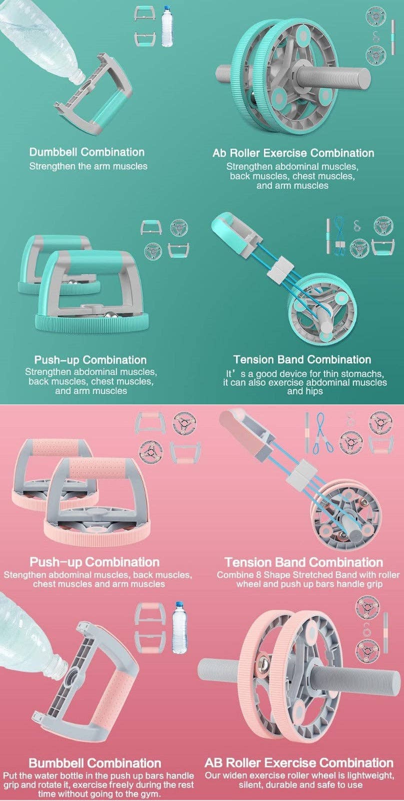 VIGOR – wholesale Fitness equipment – Ab Wheel Slide 4 wheel roller with resistance band Multifunc5