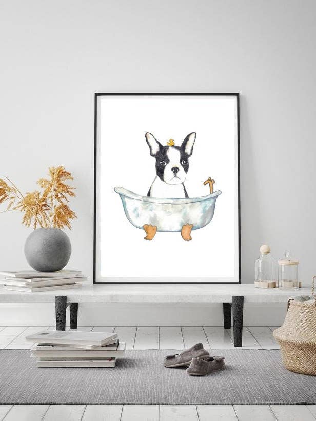 Impressão de pintura em aquarela Boston Terrier tomando banho por atacado de Goodfairyart