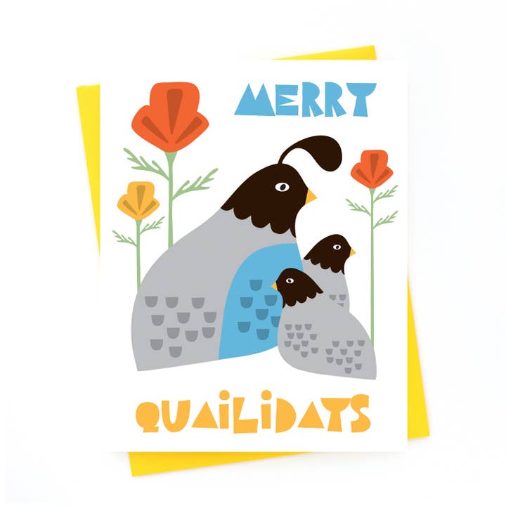 Merry Quailidays Poppies Quail Pun Holiday Christmas Card A2 for wholesale by Klinger Creative