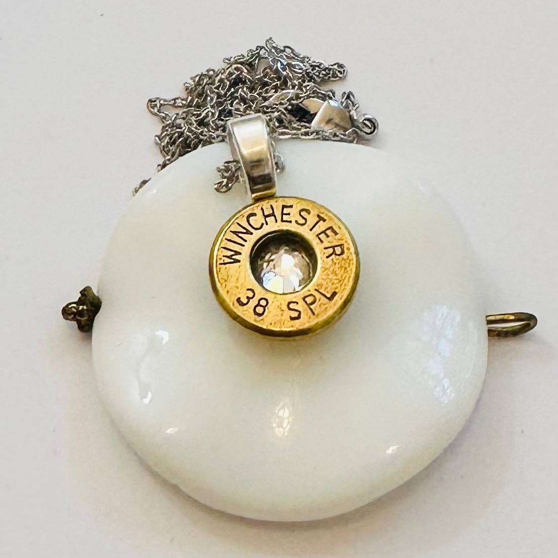 OneUniqueWay - Wholesale Pendant/Charm Necklace - Single BulletSlice Crystal Center Necklace - Sterling Silver Chain4