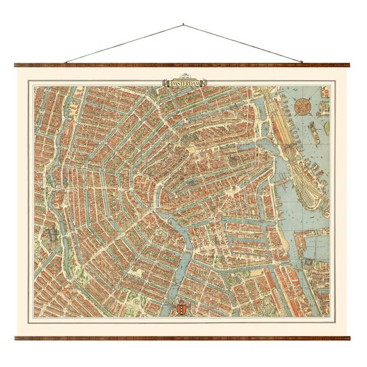 Kort over Amsterdam Vintage europæisk bykort på klar til at hænge nedrullet lærred Dekorativt antik vægdekorationskort Rulle over Holland for engroshandel hos Maps Vintage