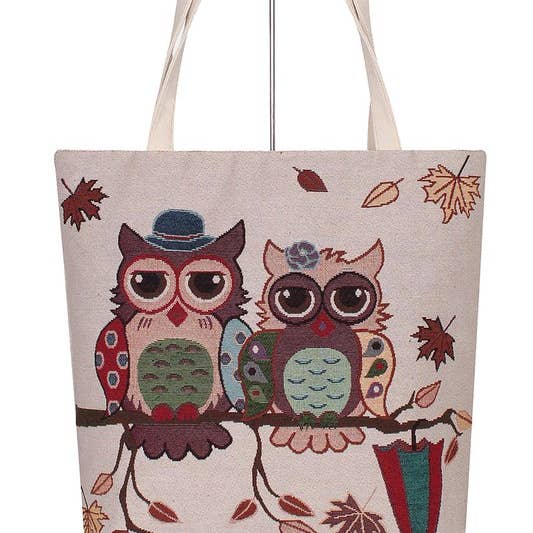 Owl Printed Canvas Tote Female Casual Beach Bag for wholesale by Funteze