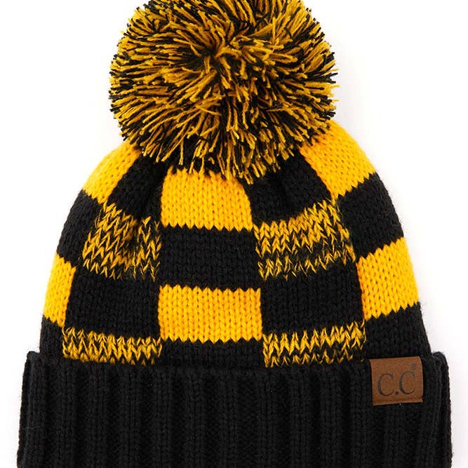 Hana - Wholesale Beanie - Women's - C.C Buffalo Check Team Color Beanie with Pom Winter Beanie