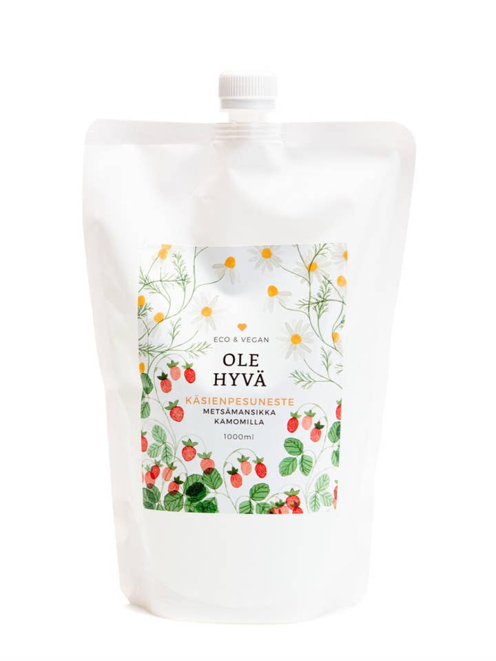 Wild Strawberry Camomile Hand wash, refill bag 1000ml for wholesale by Ole Hyvä Metsä