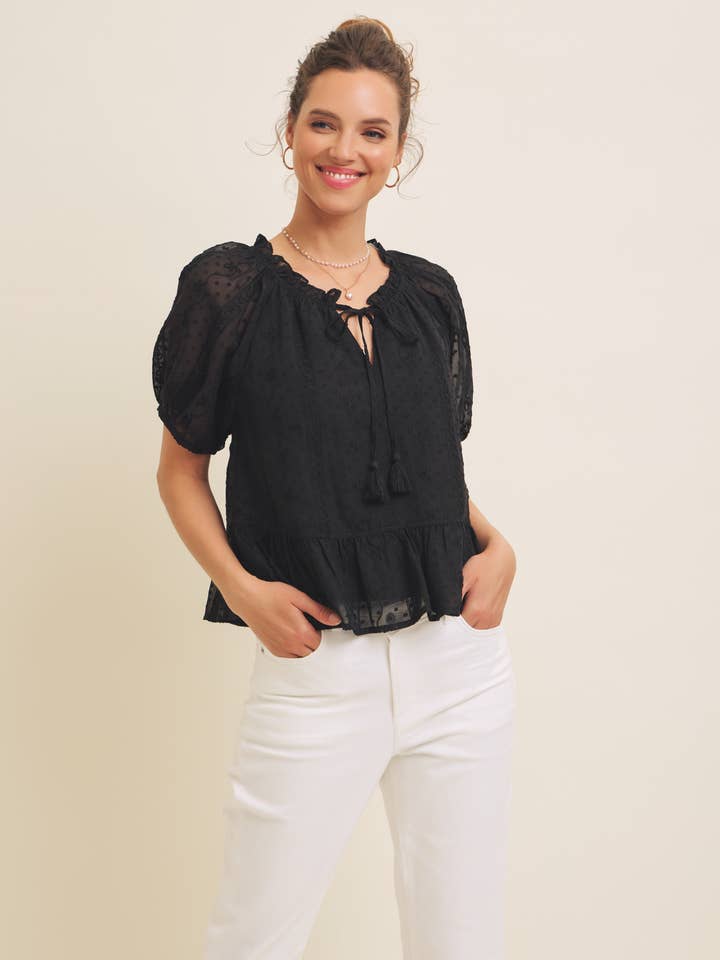 EMBROIDERED CHIFFON FLARE BLOUSE WITH BUBBLE SLEEVES for wholesale by in february