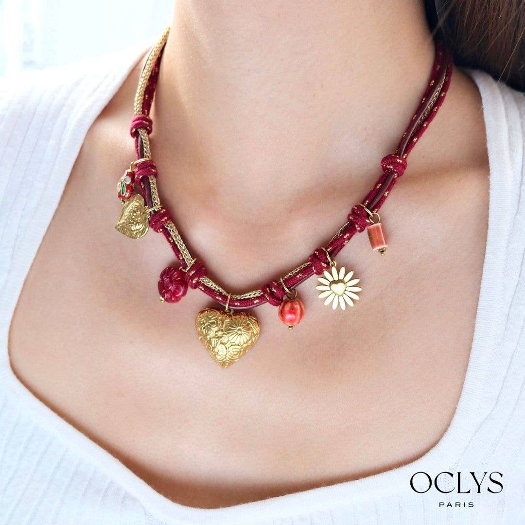Oclys - Wholesale Pendant/Charm Necklace - Double cord necklace with heart charms in gold stainless steel1