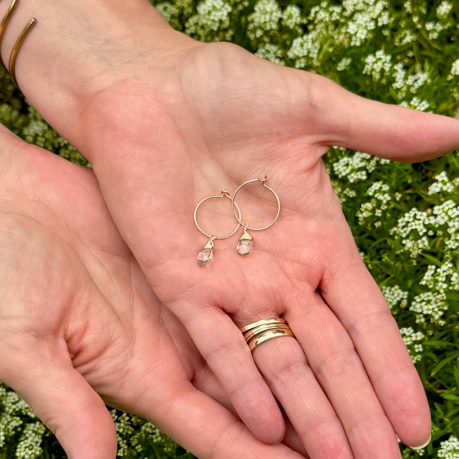 Forai - Wholesale Hoop Earrings - Aqua Quartz Charm Mini Hoop Earrings in 14k Gold Filled4