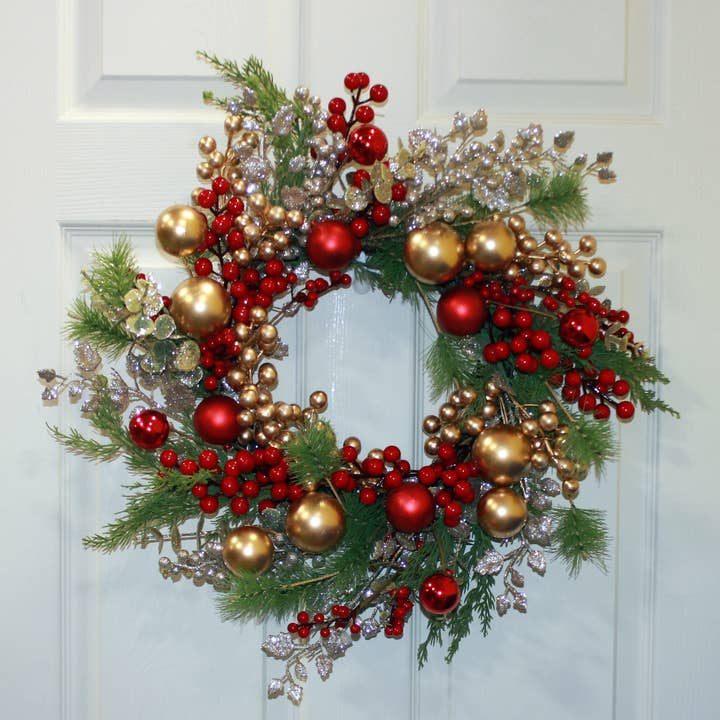 WORTH IMPORTS - Wholesale Wreath - 22" Red And Gold Eucaluptus Cedar Wreath2