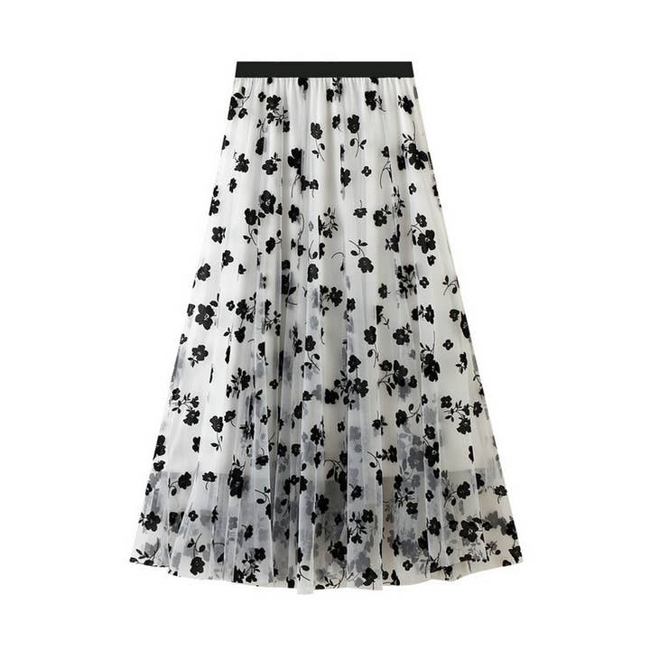ACCITY - Wholesale Skirt - Women's - Flocked Tulle Pleated Slim Fit Midi Skirt_CWBMS0382